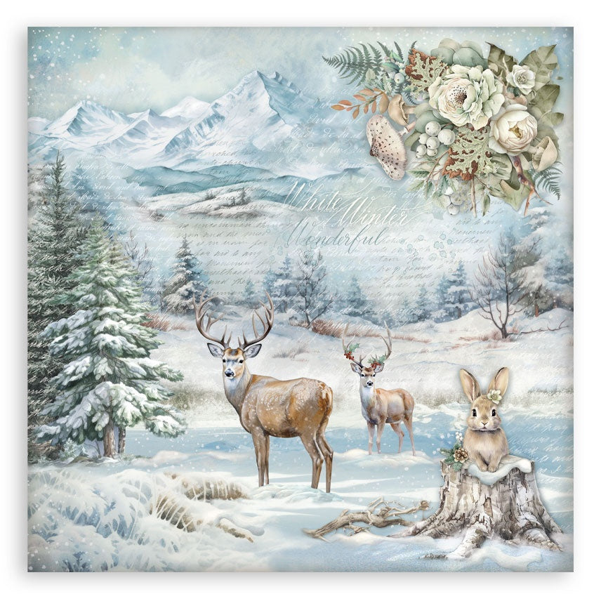 Snowy scene with deer and rabbit in forest