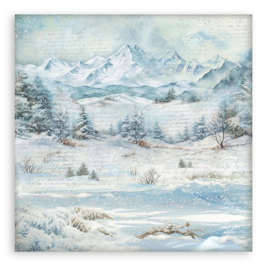 Winter landscape with snow-covered mountains and trees