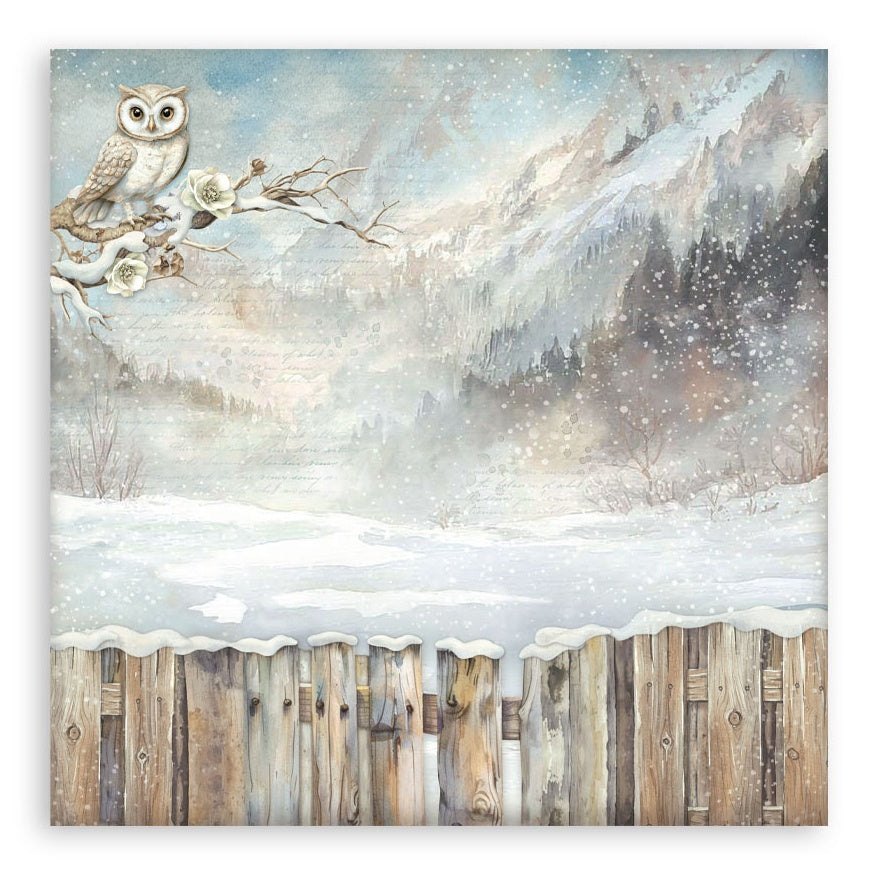Winter scene with an owl on a branch, snow-covered fence, and mountains.