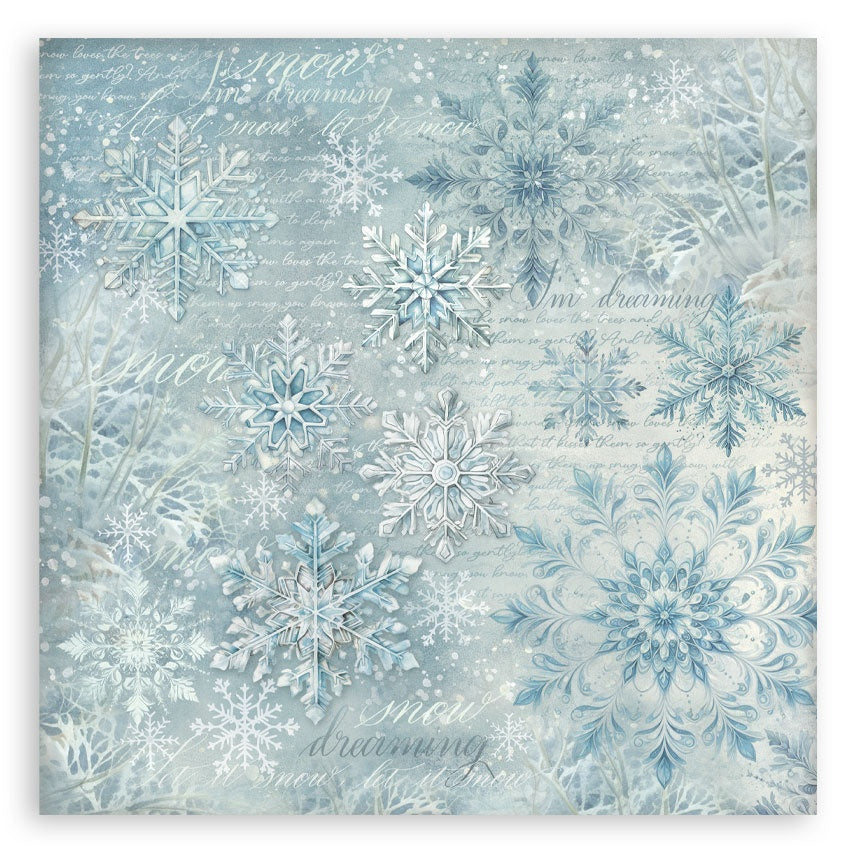 Decorative paper with snowflake pattern and text on a light blue background