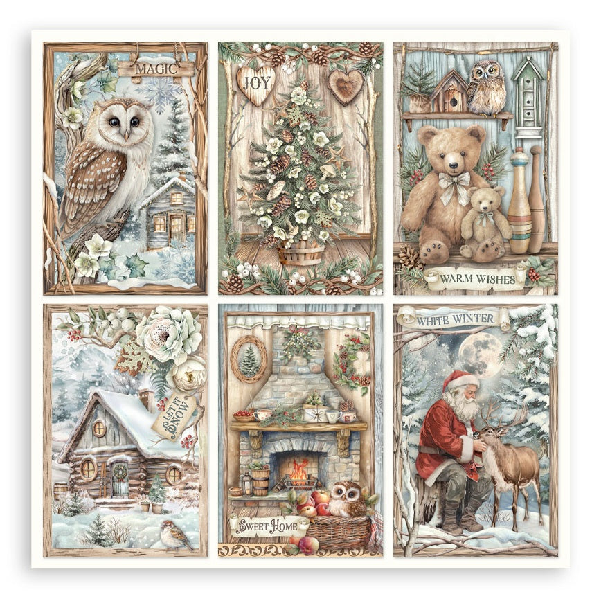 Set of six festive-themed cards featuring winter scenes, animals, and holiday characters.