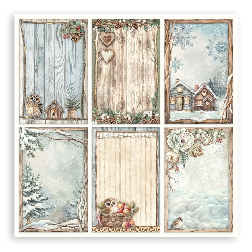 Set of six framed winter-themed prints with nature and rustic elements.