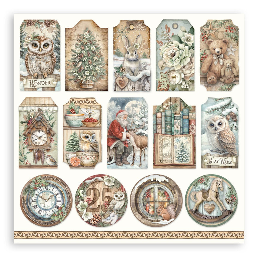 Collection of decorative tags and clocks with winter-themed illustrations on a white background.