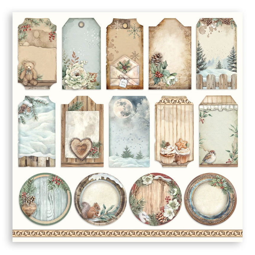 Collection of decorative tags and plates with vintage and nature-themed designs.