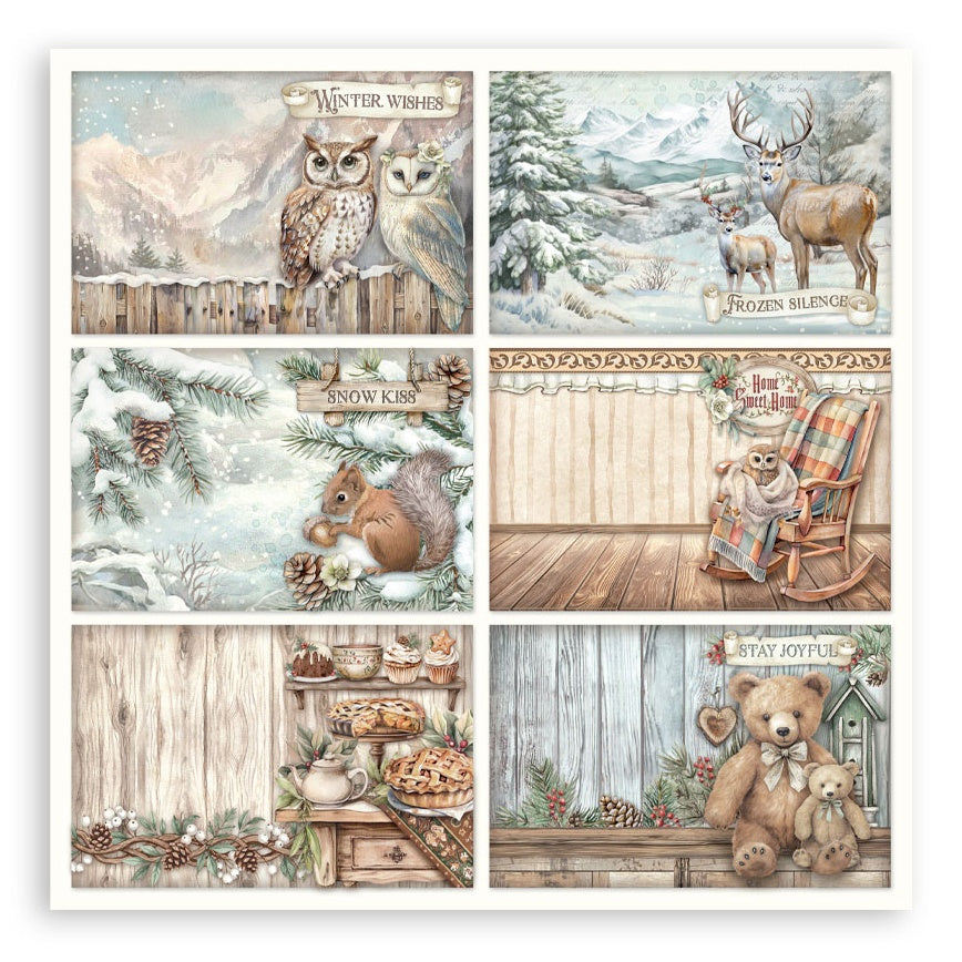 Set of winter-themed cards featuring animals, nature, and cozy scenes.