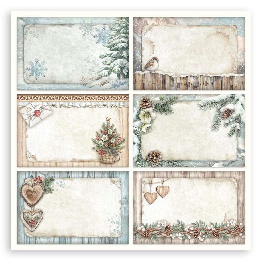Set of decorative paper sheets with winter-themed designs.