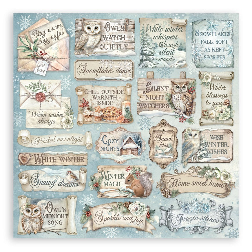 Collection of winter-themed decorative elements with owls, text, and nature imagery on a light blue background.