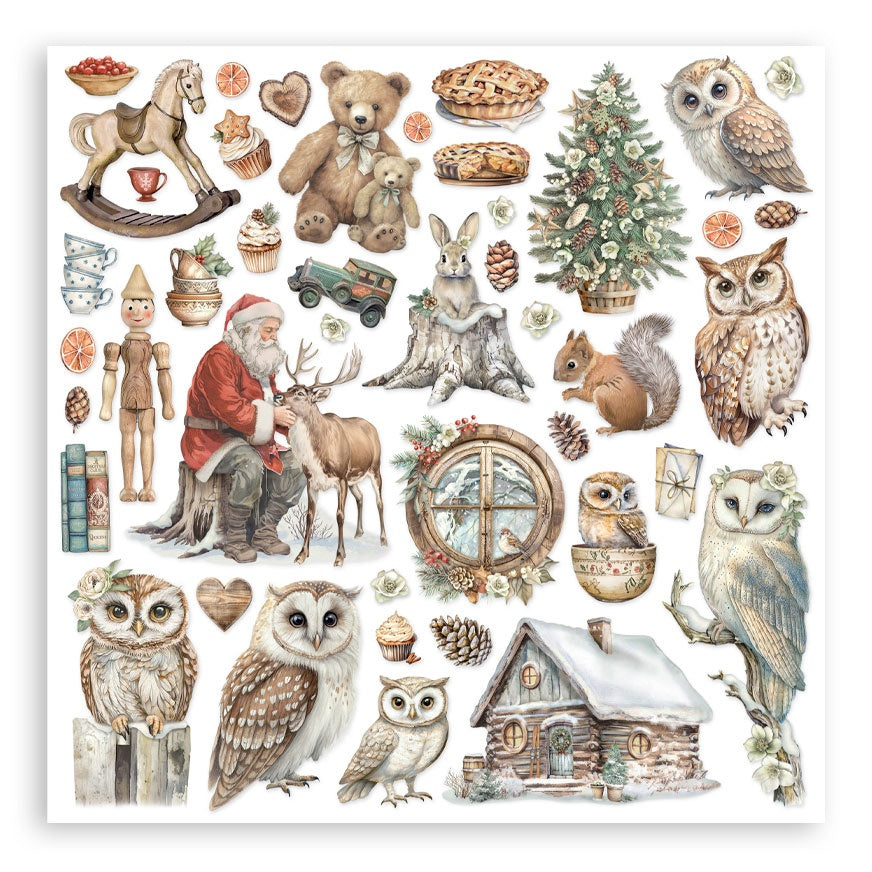 Collection of illustrated Christmas-themed elements including Santa Claus, reindeer, owls, and a cabin.