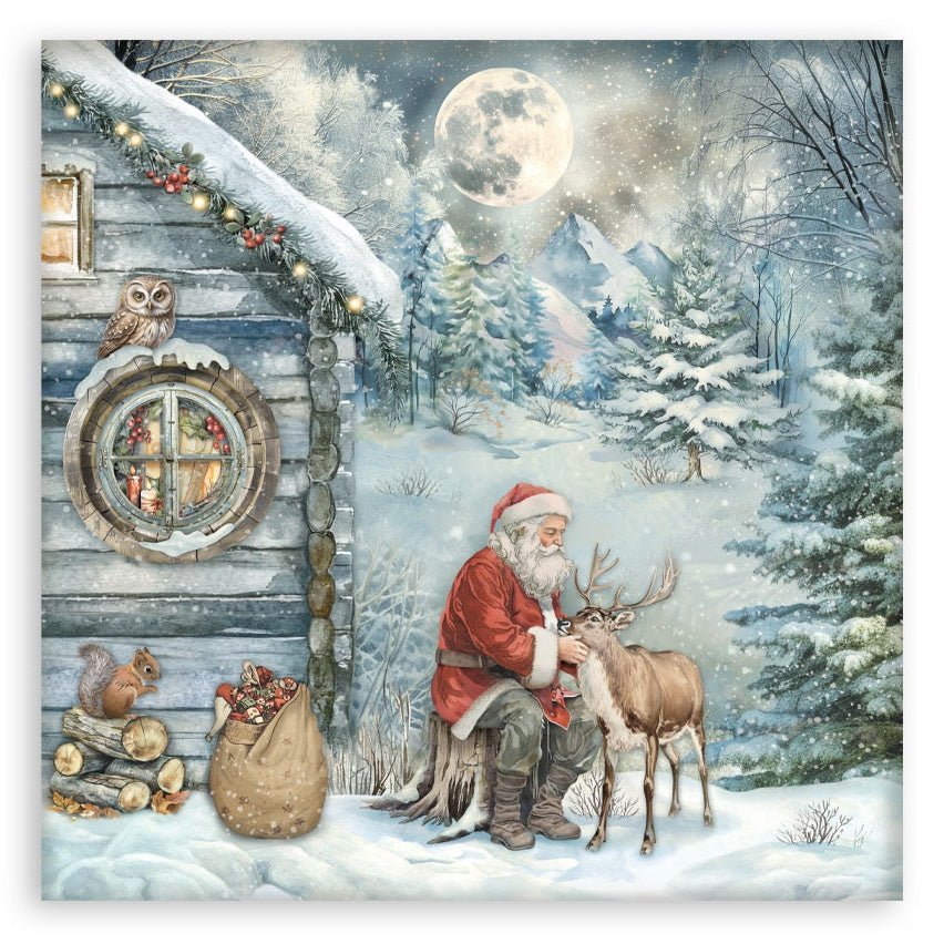 Vintage-style Christmas scene with Santa Claus tending to a reindeer in front of a snow-covered cabin.