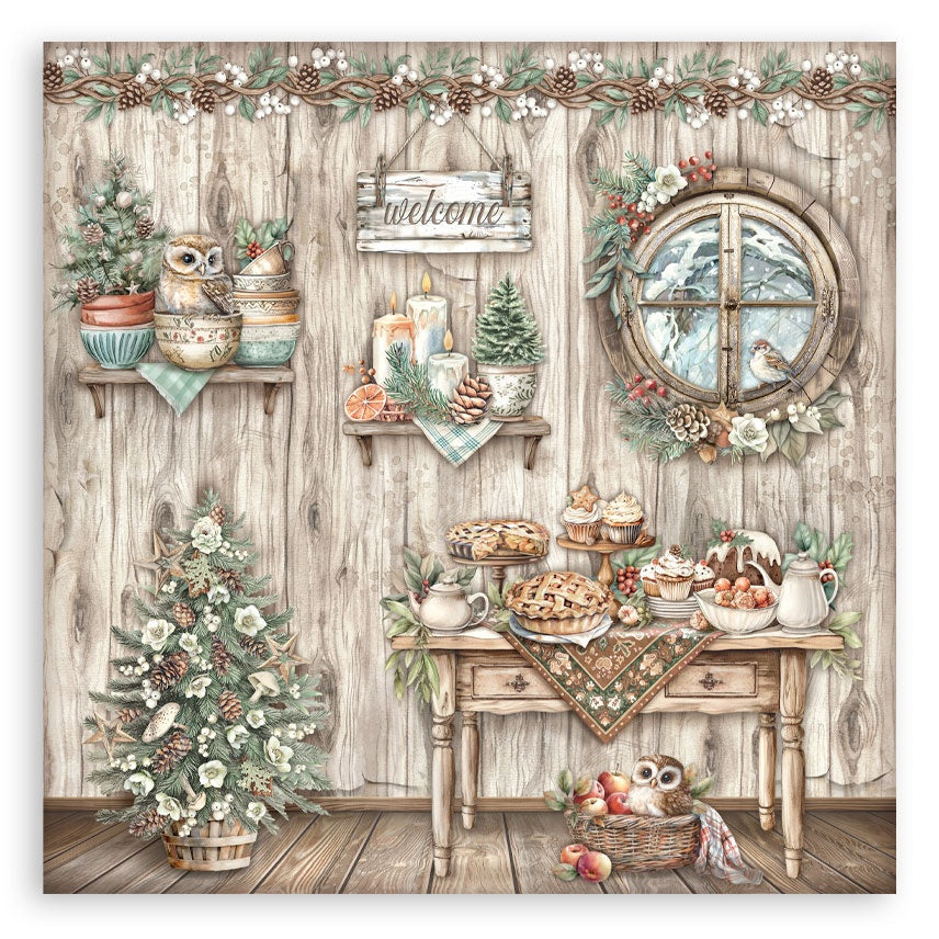 Decorative scene with a Christmas tree, owl, and festive table setting on a wooden wall.