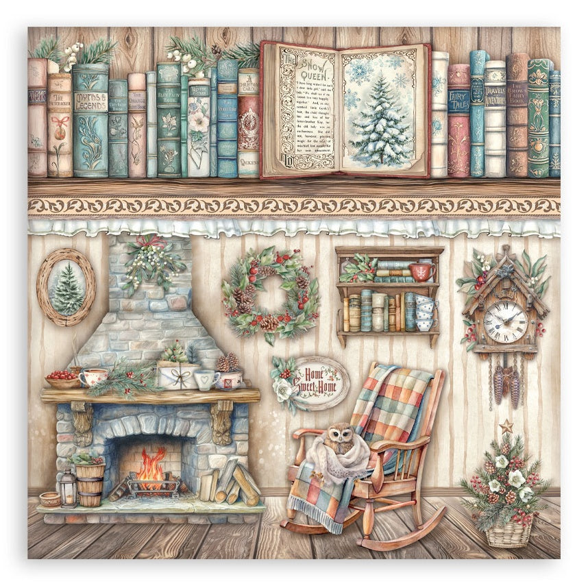 Cozy living room scene with books, fireplace, rocking chair, and decorative items.