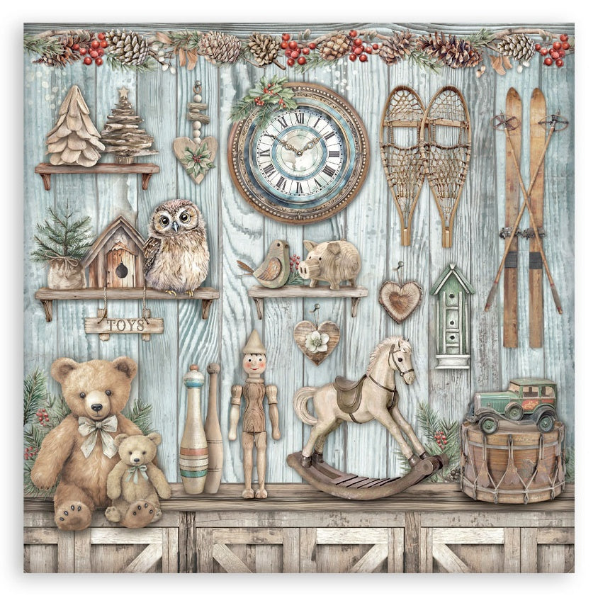 Decorative wall scene with toys, a clock, and rustic elements on a wooden shelf.