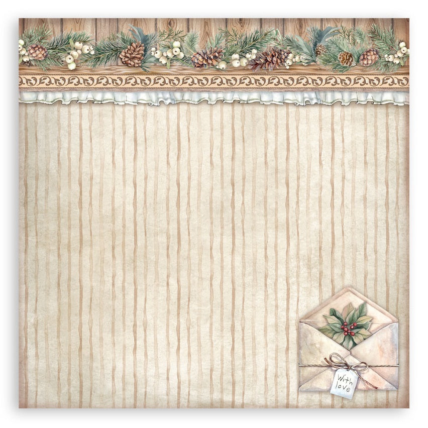 Decorative paper with Christmas-themed border and envelope on a textured background