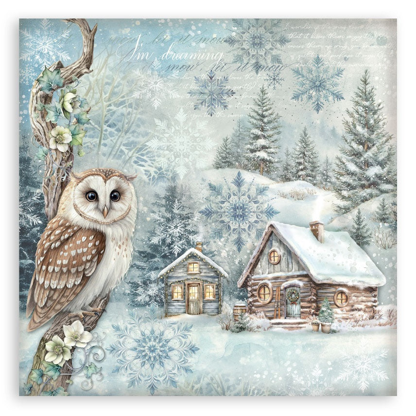 Winter scene with an owl, snowflakes, and a cabin in the woods.