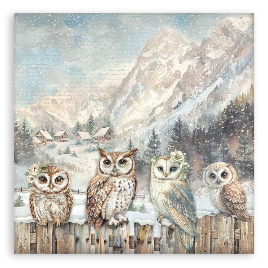 Four owls on a wooden fence with a snowy mountain landscape in the background