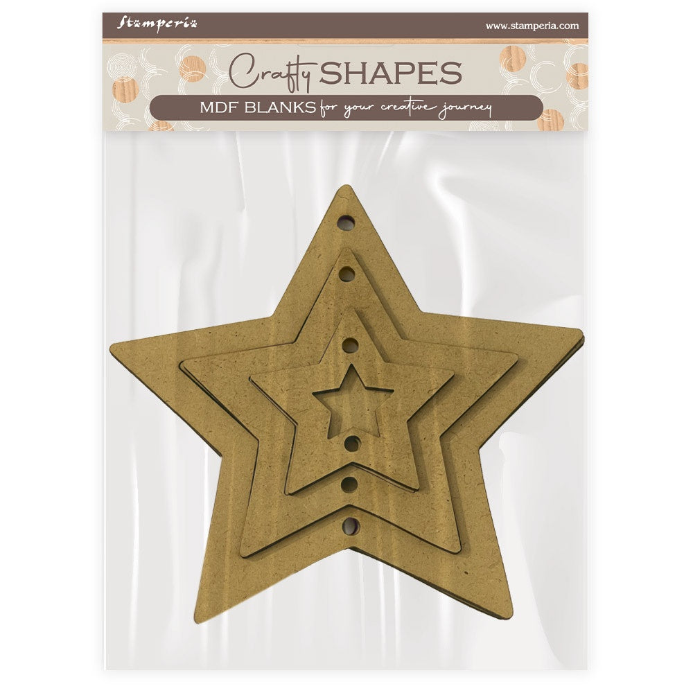 Star-shaped MDF blanks for crafting on a white background with 'Craft Shapes' branding.