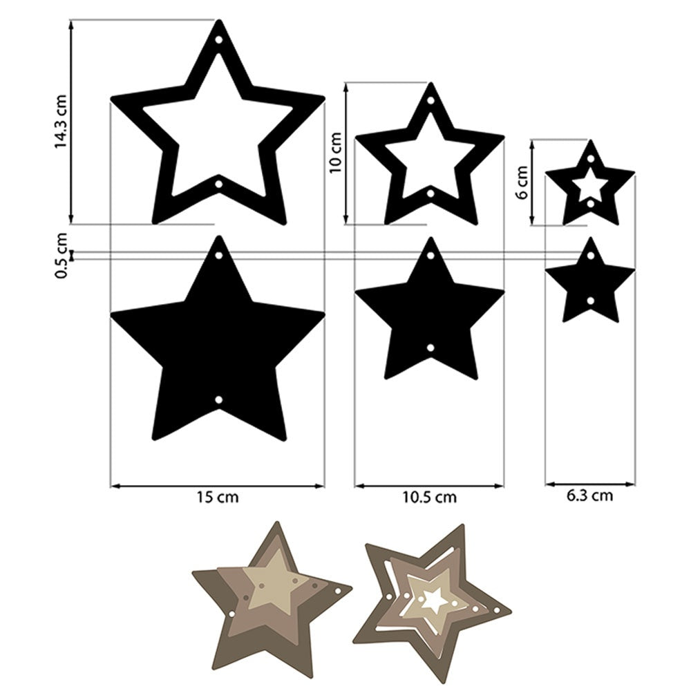 Star-shaped cutouts with measurements on a white background
