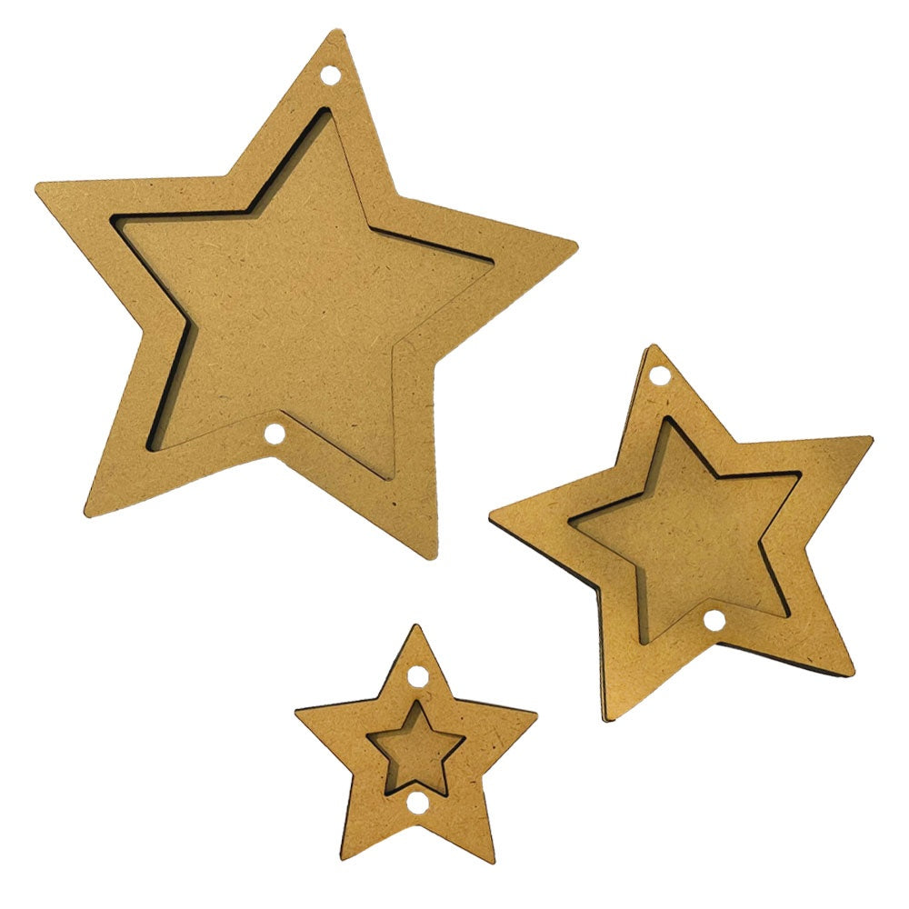 Three MDF wood star shapes on a white background
