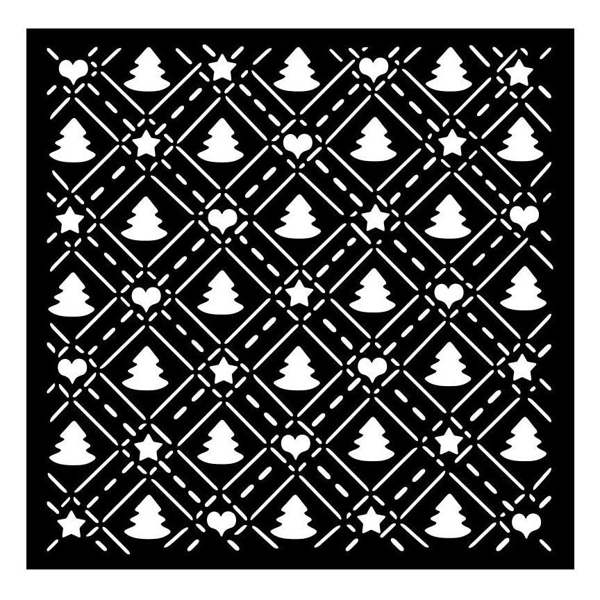 Decorative stencil with Christmas tree, heart, and star patterns on a black background