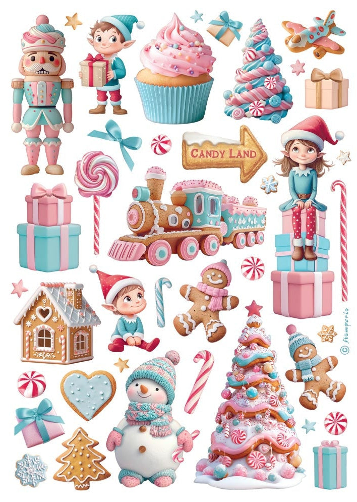 Collection of festive illustrations including elves, candy, and Christmas-themed objects on a white background.