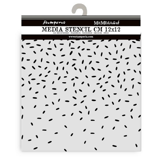 Stamperia Media Stencil with black dot pattern of cookie sprinkles on white background
