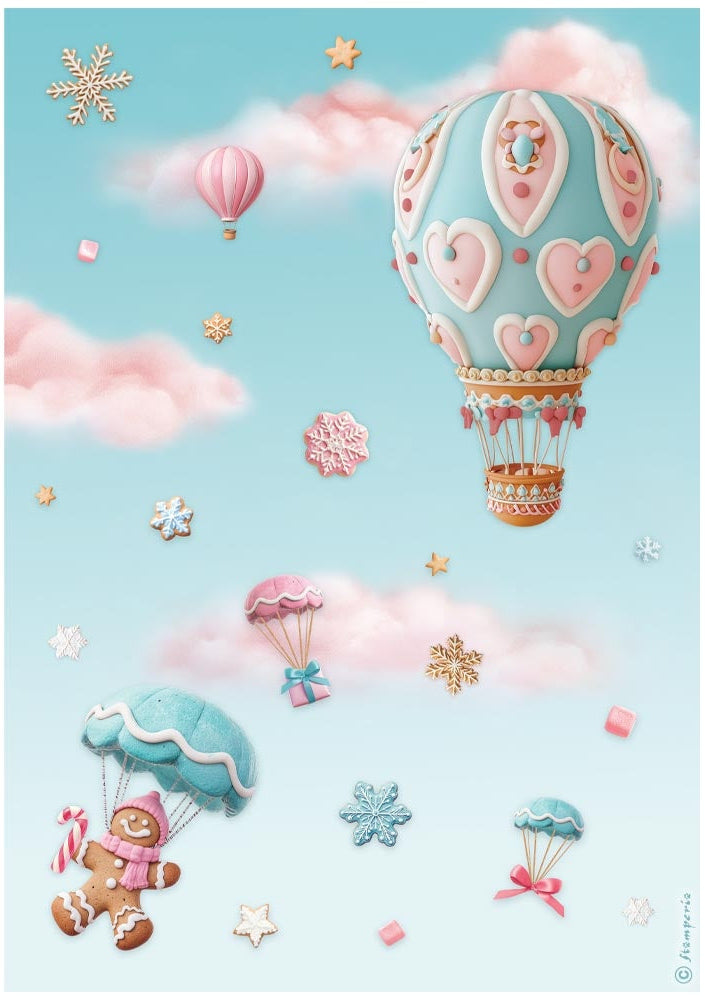 Illustration of gingerbread cookies in hot air balloons and parachutes against a blue sky with clouds.
