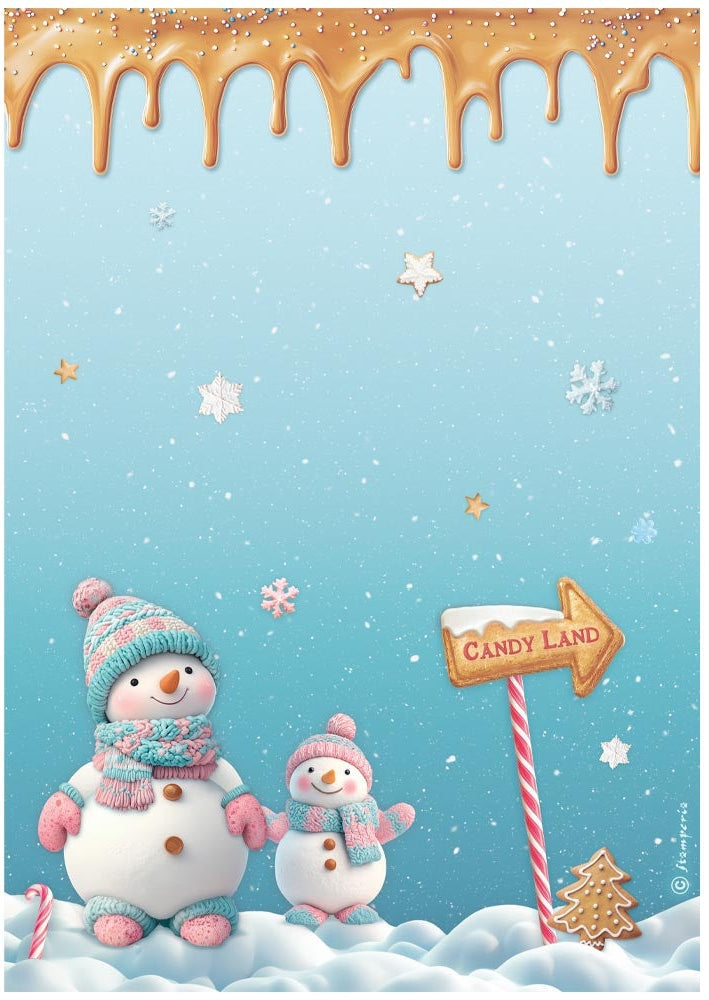 Two snowmen with candy canes and a sign pointing to 'Candy Land' on a snowy background.