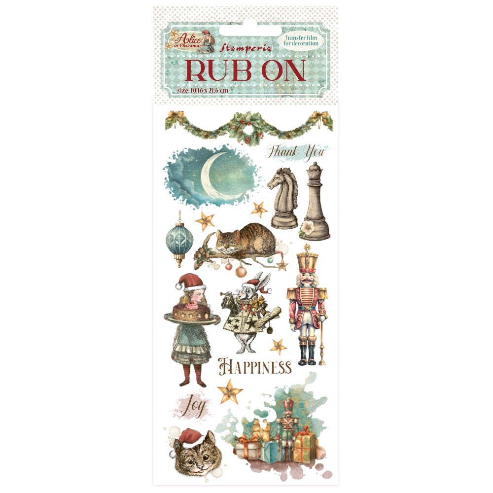 Decorative rub-on transfers with vintage-themed illustrations on a white background
