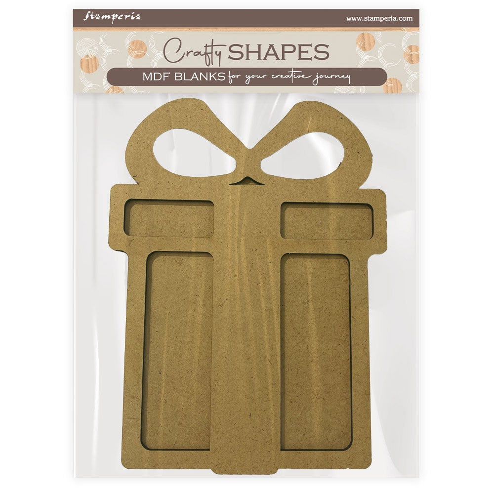 MDF blank shaped like a gift box with 'Craft Shapes' packaging on a white background