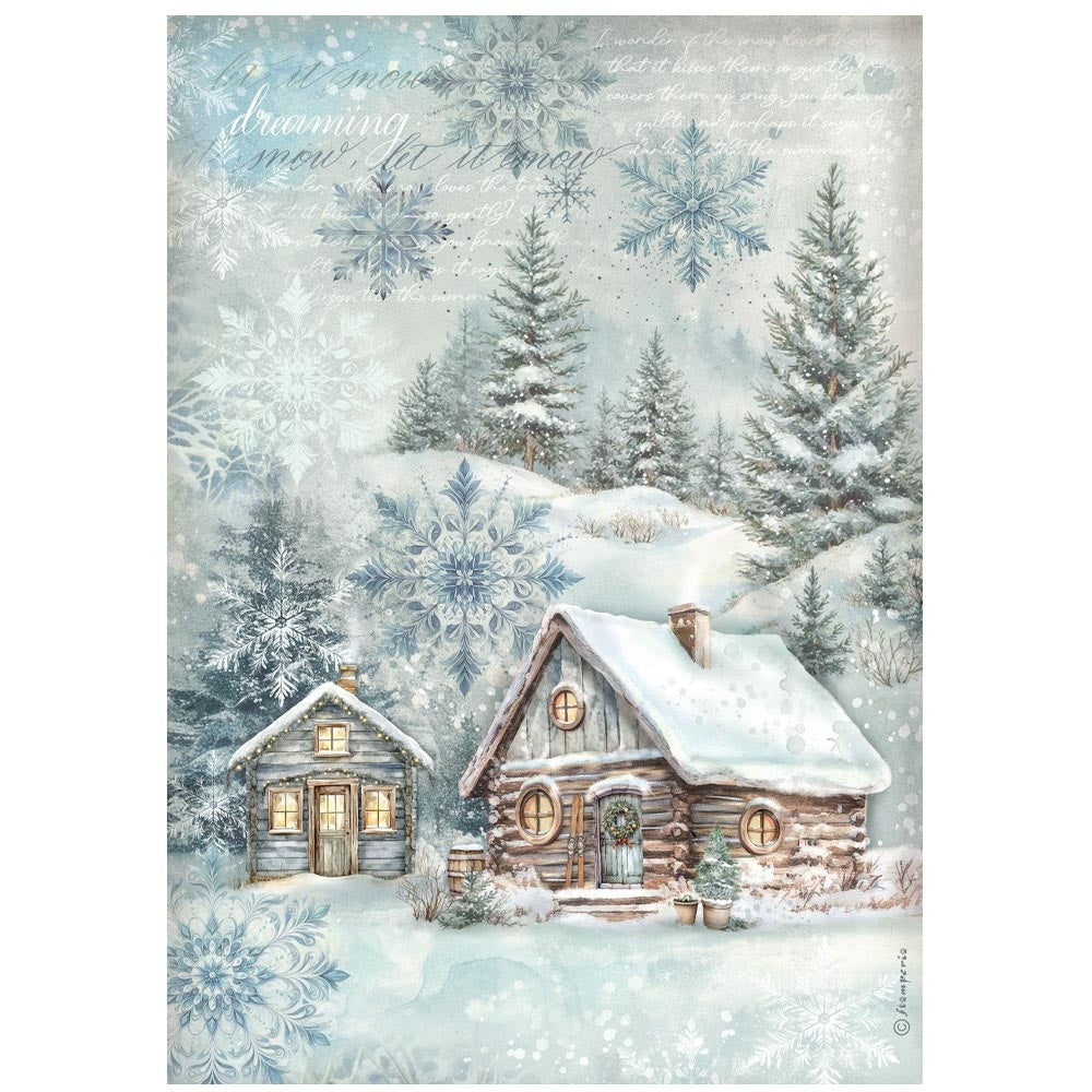 Cottages in snowy winter mountain scene