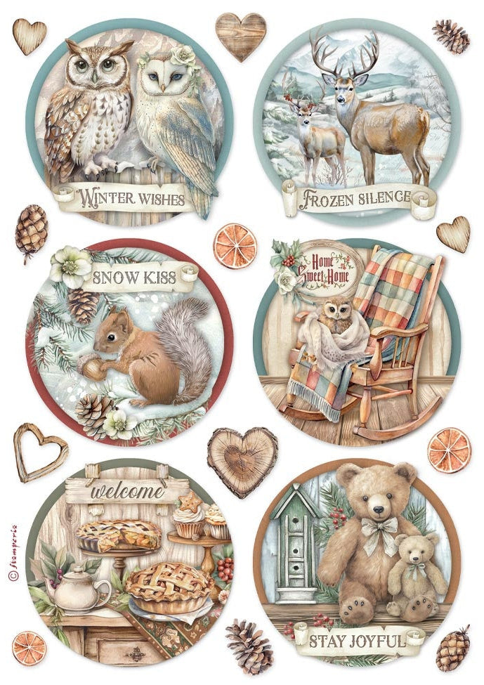Set of decorative plates with nature-themed illustrations and text on a white background.