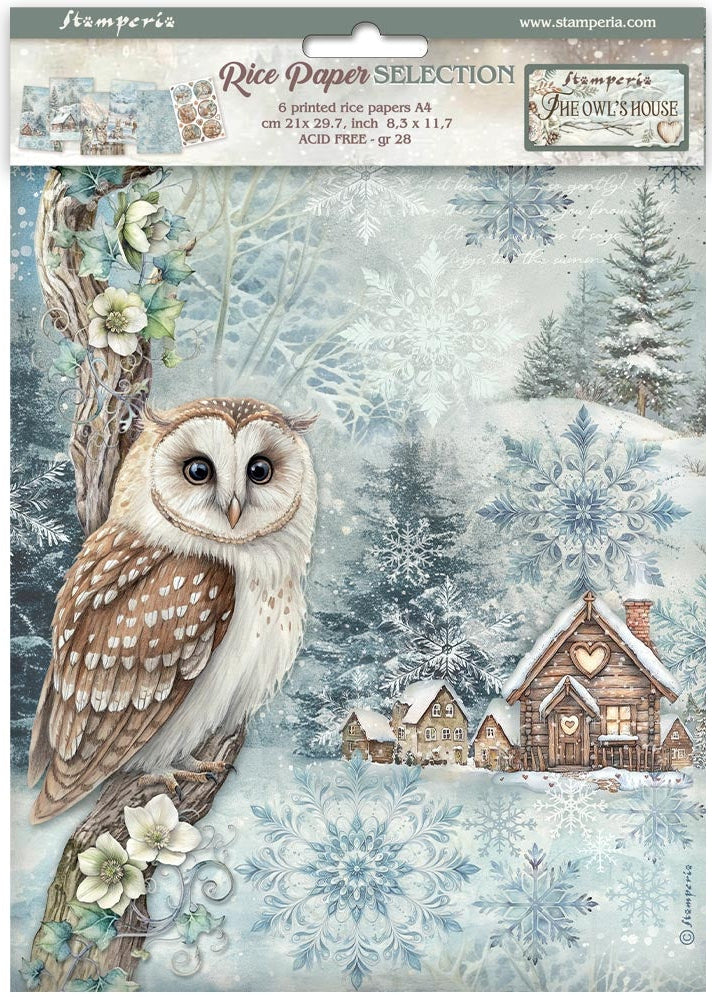 Packaging of Stamperia rice paper selection with an owl and snowy landscape design.