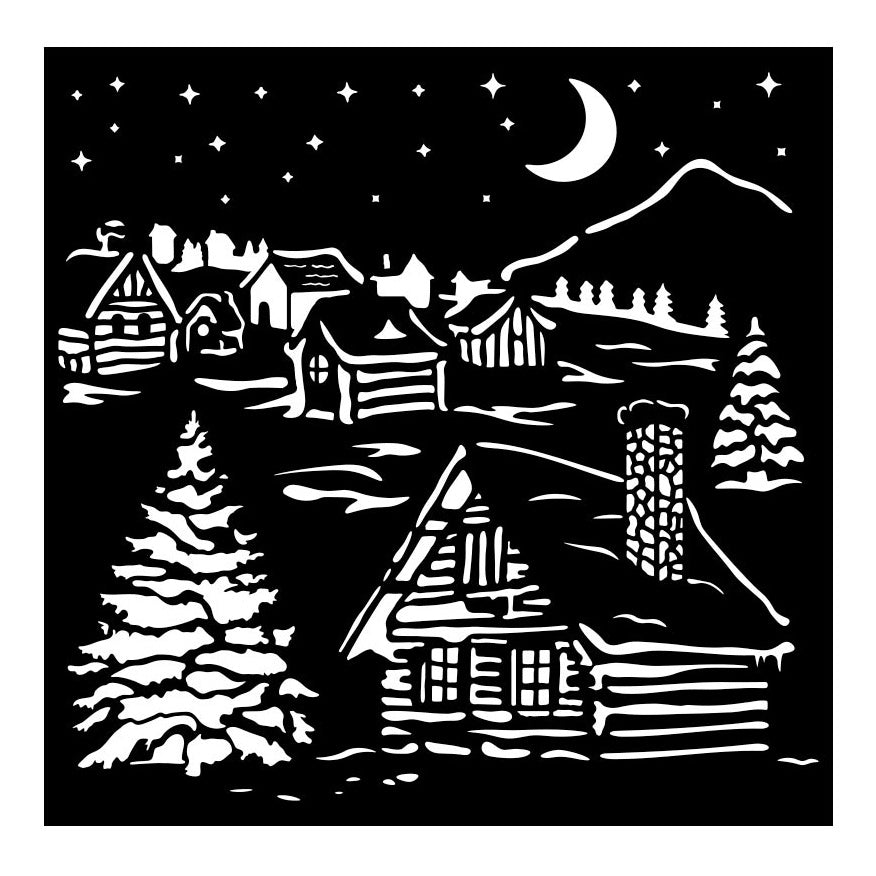 Black and white illustration of a mountain village at night with stars and a moon.