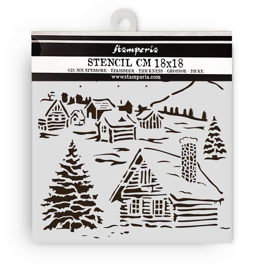 Stamperia stencil with house and tree design on packaging