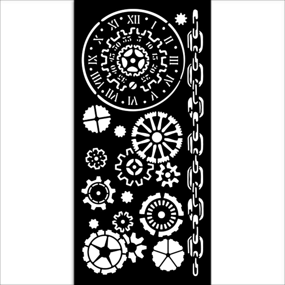 Decorative design stencil with gears and clock elements on a black background