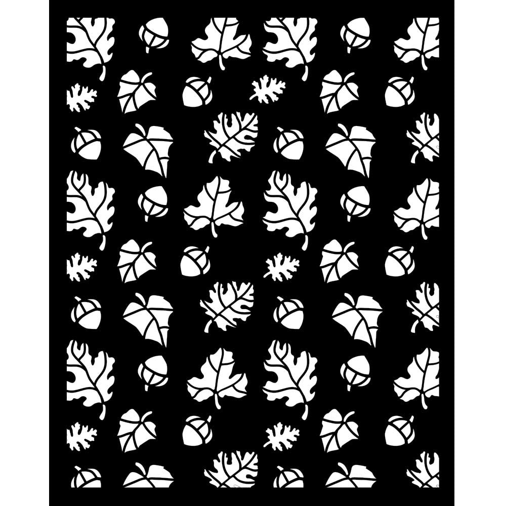 Pattern of white leaves stencil and acorns on a black background