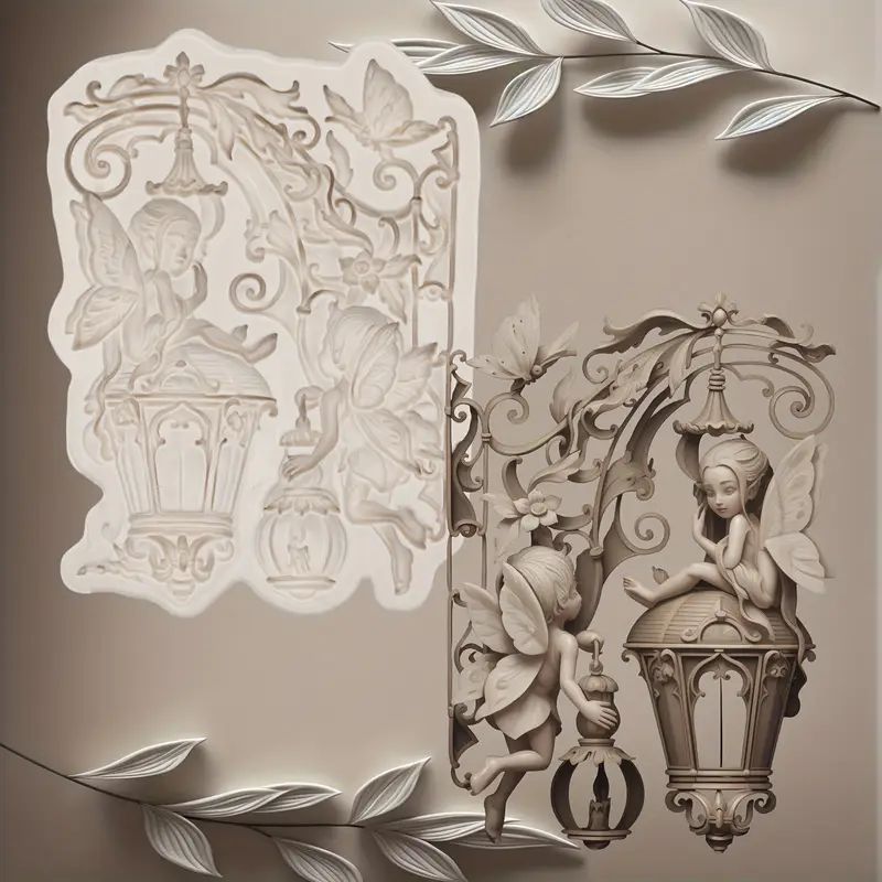 Silicone Craft Accent Mold. Two fairies sitting on ornate lamp