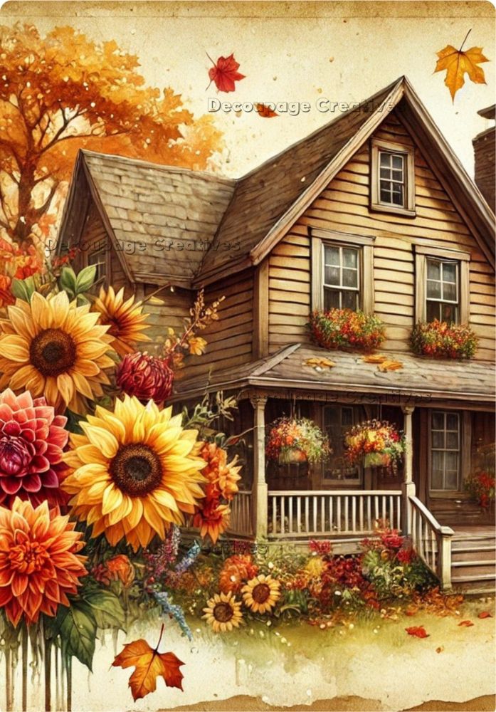 Autumn-themed illustration of a wooden house with flowers and leaves