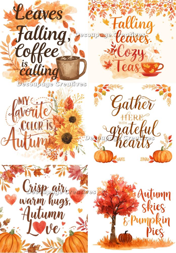 Set of autumn-themed cards with text and seasonal elements.