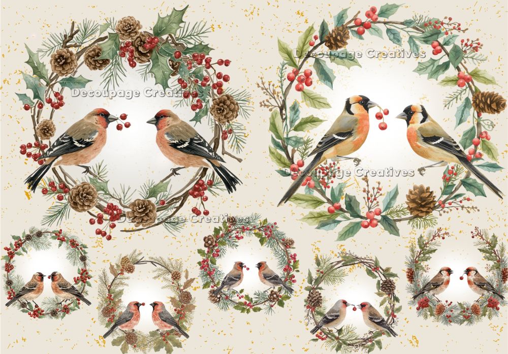 Pattern of birds, berries, and wreaths on a beige background