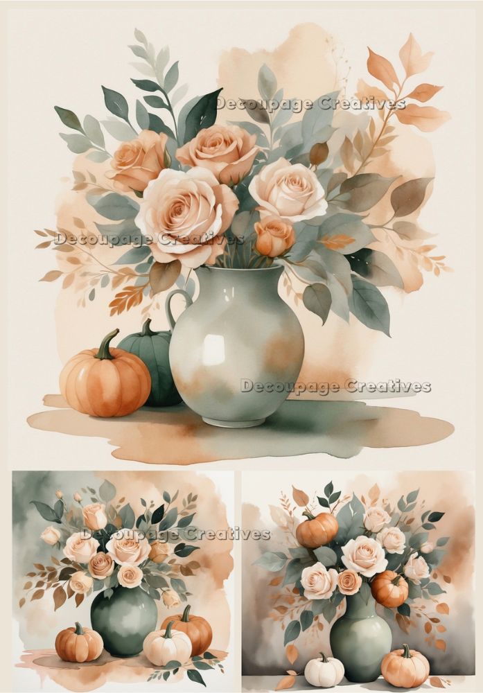 Decorative arrangement with flowers in a vase and pumpkins on a shelf, featuring the brand 'Decoupage Creatives'.