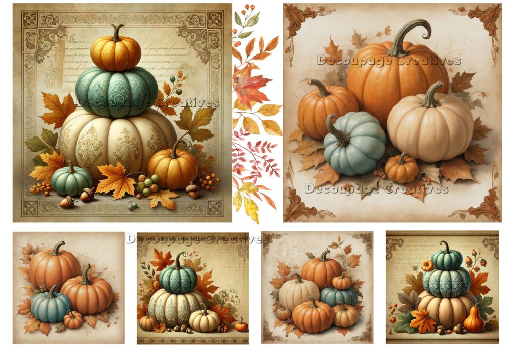 Set of six decorative images featuring pumpkins and autumn leaves on a vintage-style background.