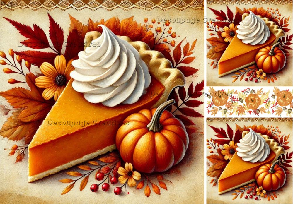 Illustration of a pumpkin pie slice with whipped cream, surrounded by autumn leaves and pumpkins.