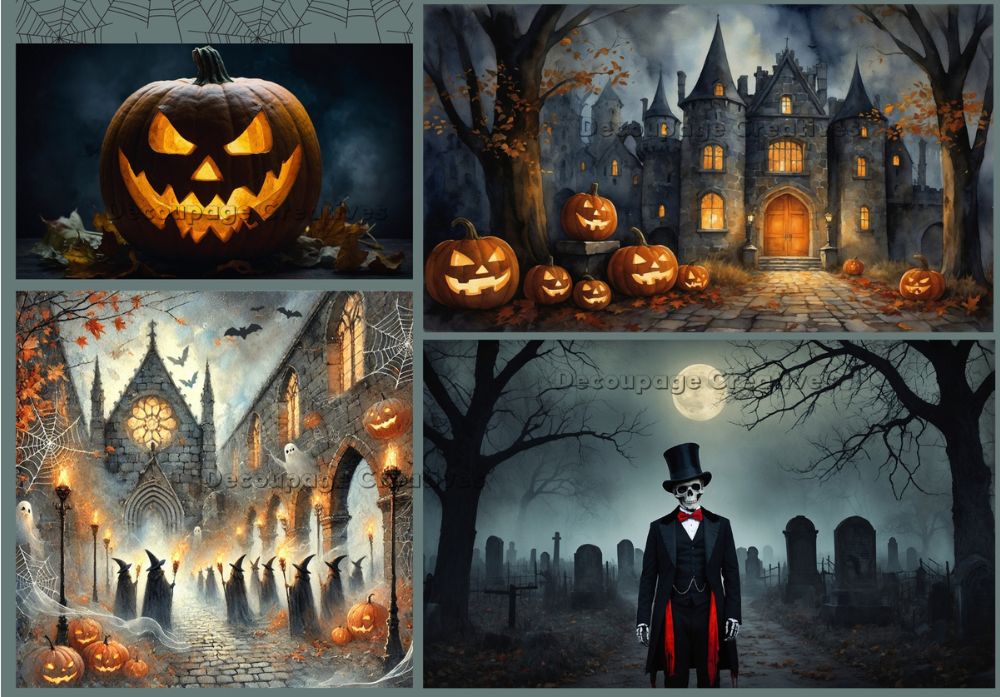 Collage of Halloween-themed images including a carved pumpkin, haunted castle, and skeleton in a top hat.