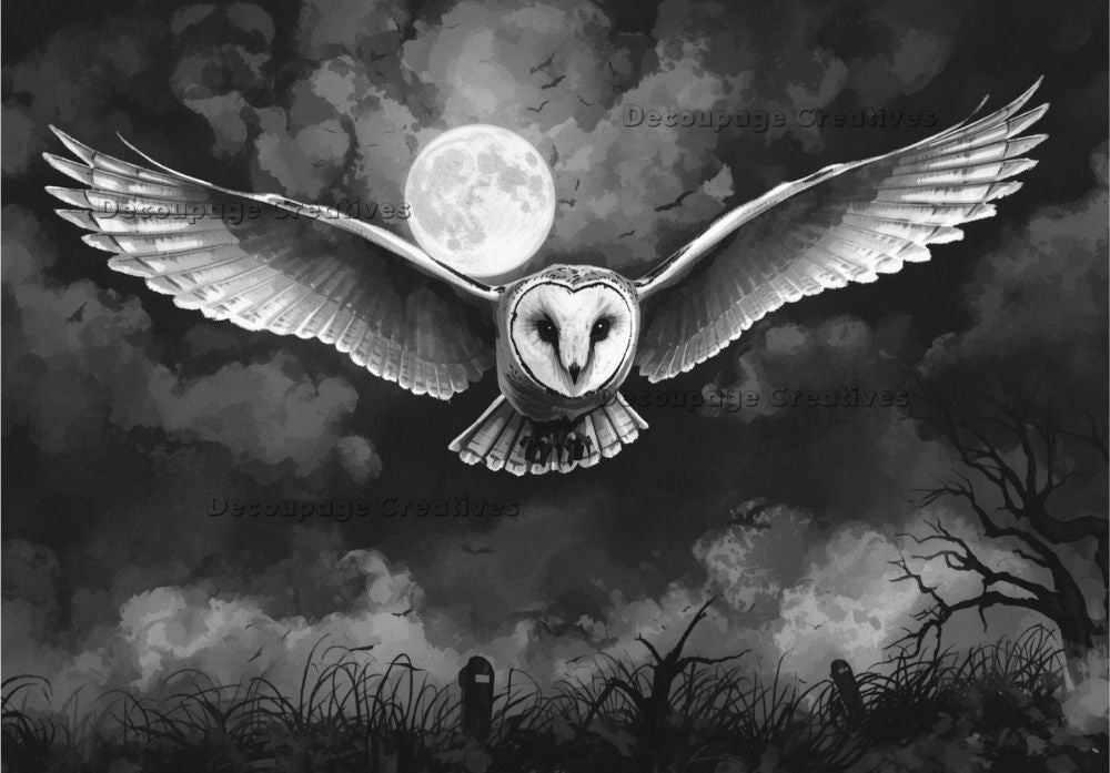 Owl flying in front of a moon with a dark, cloudy sky