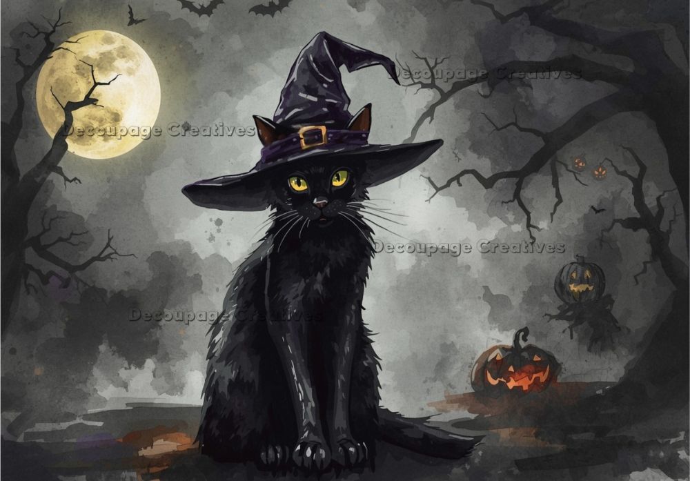 Black cat wearing a witch hat with a Halloween pumpkin and moon in the background