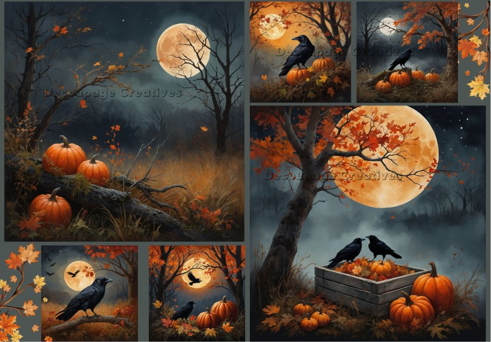 Collage of Halloween-themed paintings with pumpkins, crows, and a full moon.