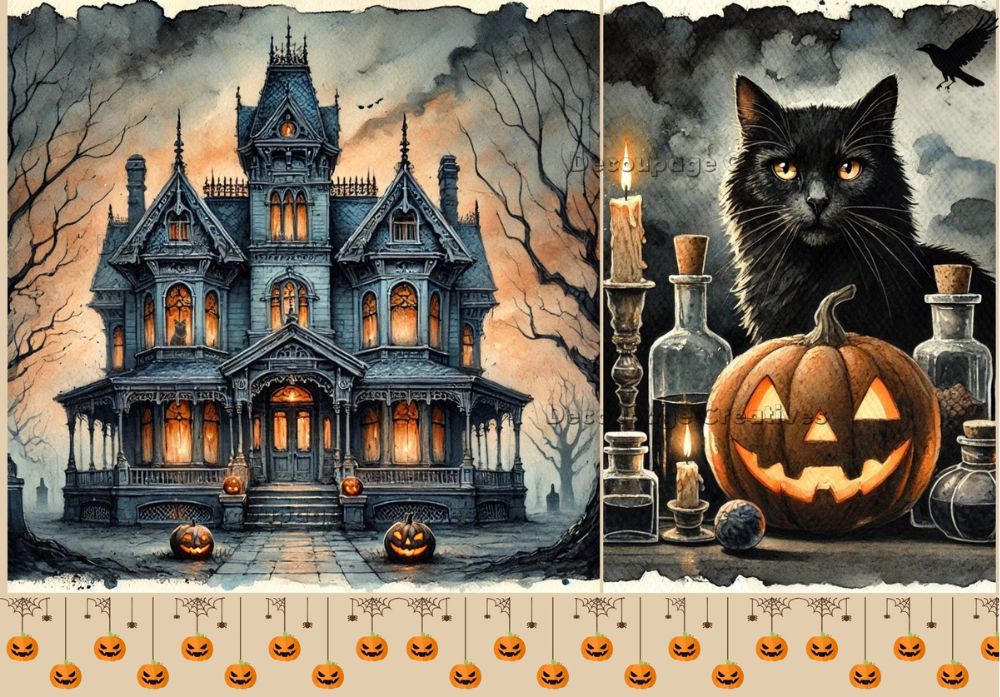 Halloween-themed illustration with a haunted house, black cat, jack-o'-lantern, and potion bottles.