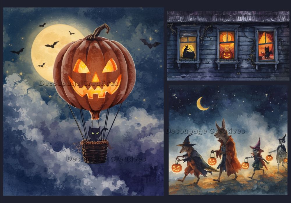 Halloween-themed collage with a hot air balloon, pumpkins, and witches.