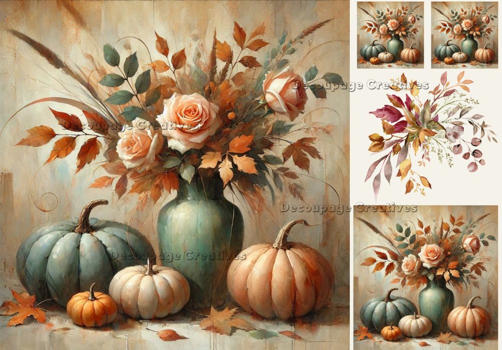 Autumn-themed painting with pumpkins, flowers, and leaves on a textured background.